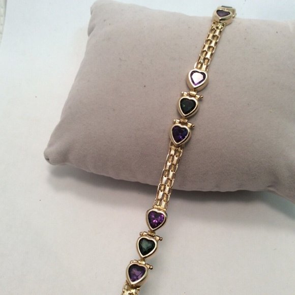 14k Solid Yellow Gold Bismark  Bizmark Heart CZ Purple Green Lady Bracelet 15.8g - Picture 1 of 9